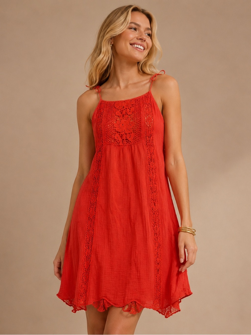 Alya Red Crochet Lace Boho Mini Dress Festival Summer Small